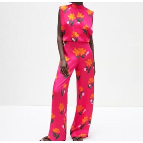 Zara Pink Orange Floral Mock Neck Sleeveless Open Back Cutout Jumpsuit Size XS - Picture 1 of 6